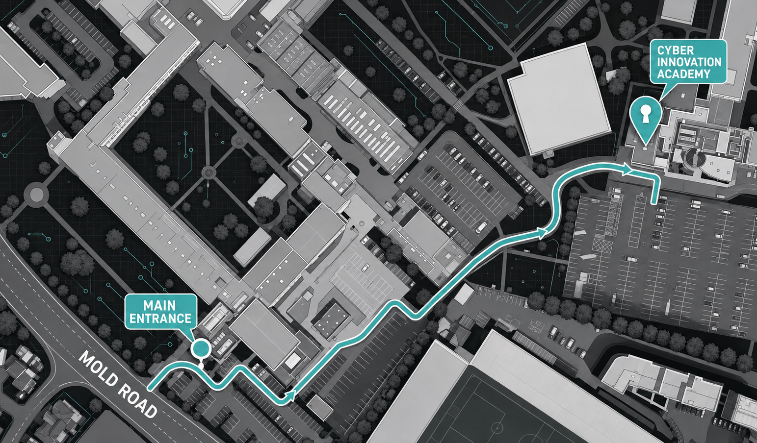 Route from the Mold Road main entrance to the Cyber Innovation Academy at Wrexham University